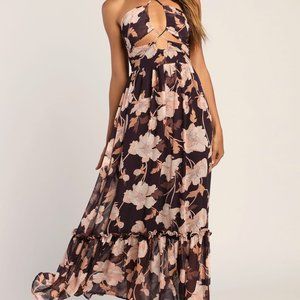 Blooming Elegance Purple Floral Cutout Halter Maxi Dress
